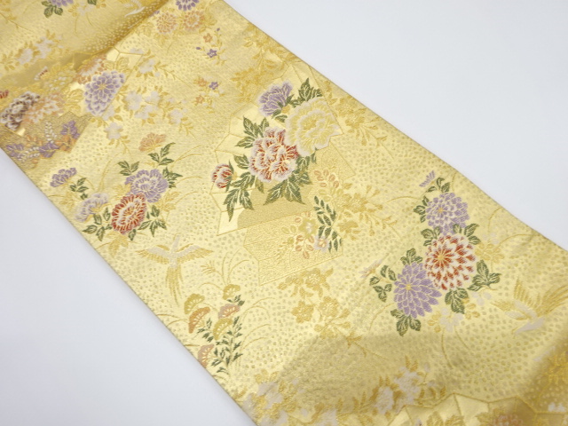 地紙に牡丹・鳥模様織出し袋帯